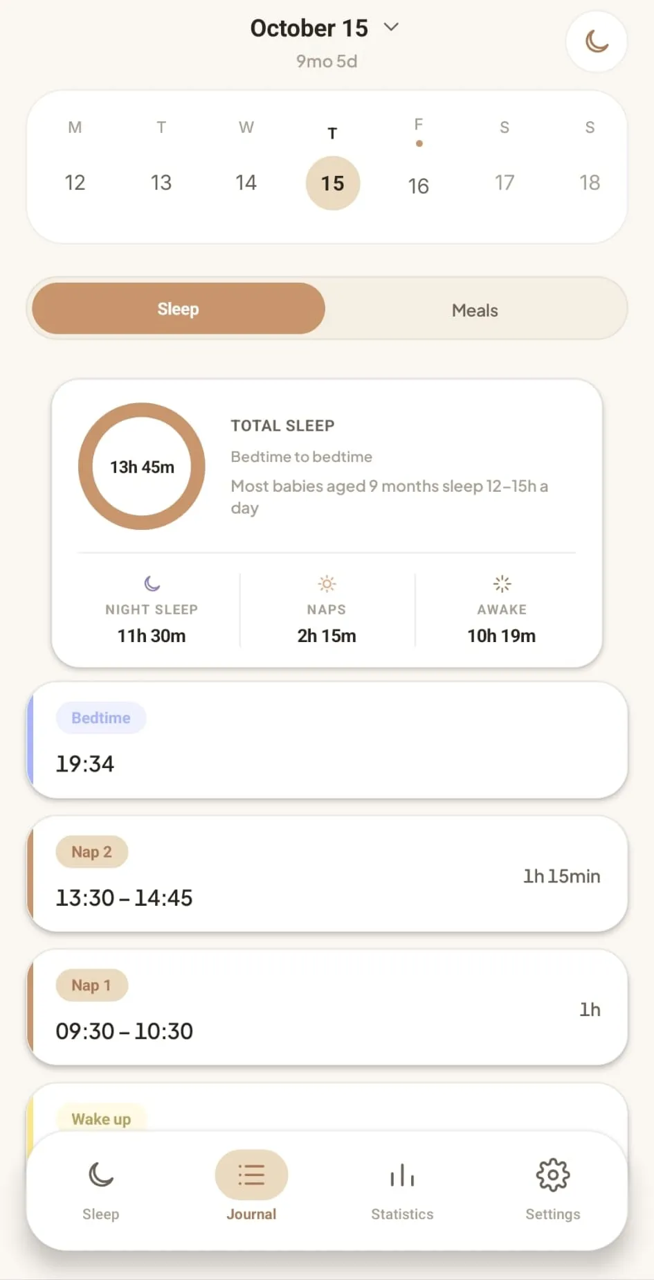 Journal du sommeil dans Somilou : 13 h 45 de sommeil sur la journée, le coucher, deux siestes et le réveil, heure par heure.